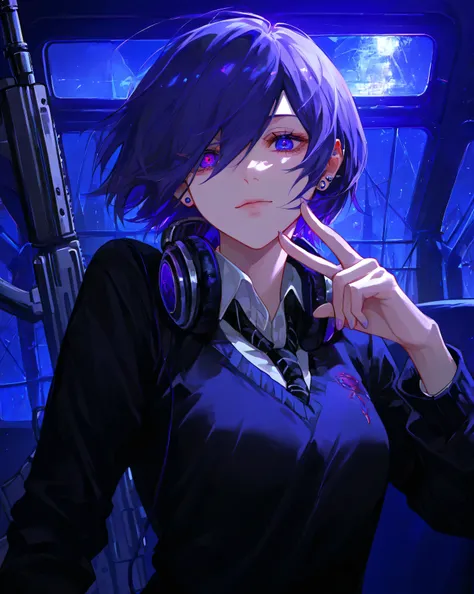 8K wallpaper、 Masterpiece、最     high quality    、     high quality    、 absurd、 latest、     in the seat、  beautiful skin、   headphones 、  school uniform、 earrings、 、  Blue_purple hair、 short  hair、 blue_purple eyes、  beautiful eyes、  Underbob    、   small ...