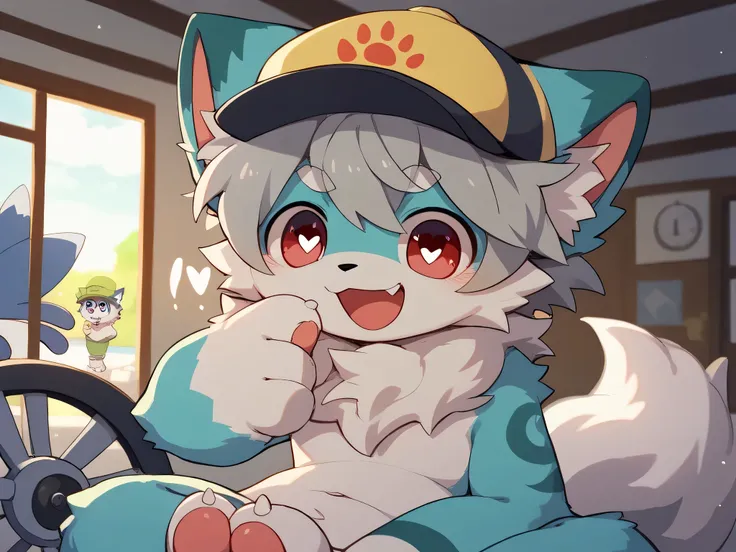 very detailedな, very detailed, gray hair with dark blue fur,, male,骨を見てExcited, heart eyes, participate, before my h usband, green white and colored hat, cute face, Sitting, Pet s, Akai's first wheel, fluffy fur like one, Excited, naked, Horny boy, 「paw」 「...