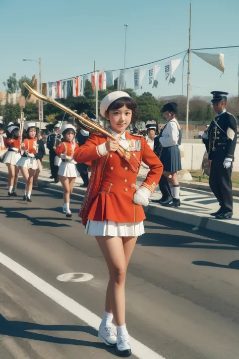  in ultra high quality, super quality next to each other,Detailed contours,Black-haired elementary school girl in a white miniskirt,Drum and fife corps,parade,Showa Era Scenery