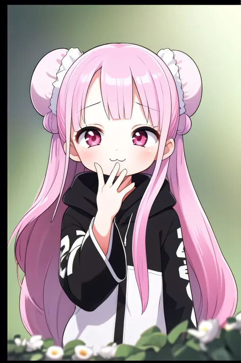  1 girl,  green, :3,  upper body,   hand to own mouse,  is staring at the viewer,  half-open eyes,  hoodie, ((( white hair ribbon:0.4))),  pink eyes,((( White Bun Hair ))),((( pink long hair))),(((Longer hair))),smile , 