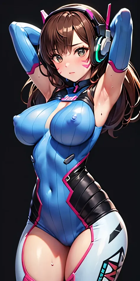 1 Female,High definition,high resolution,Ultra-realistic,8K,aahana, long hair, brown hair, headphones, whisker markings, shoulder pads, blue bodysuit, ribbed bodysuit, animal print, clothes writing, long sleeves, white gloves,standing, solo,  standing, mas...