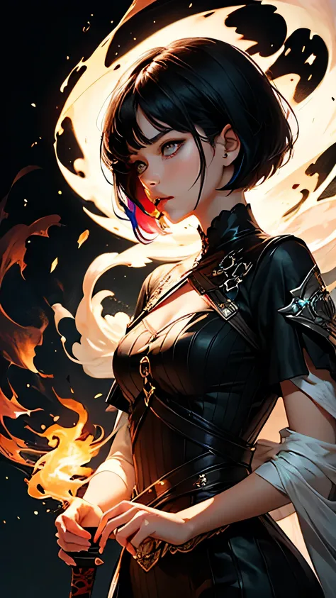 Create an illustration of a woman with short black hair and black clothes, com uma sword, Blowing colored smoke out of the mouth, inspired by the character Vivenna from the book Warbreaker , Where do you represent the magic of the literary universe called...