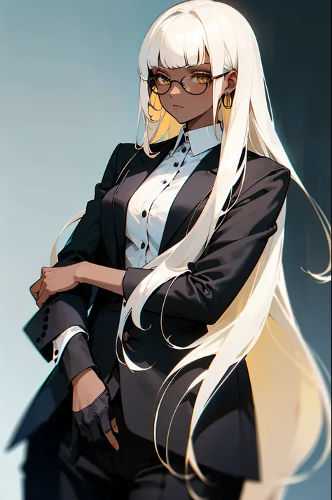 (top-quality、​masterpiece:1.2) 1woman、Adult、((dark skinned female、long white hair, Blunt bangs, Hair hanging over the ears)) golden eyes、eye glasses、((Black Business Suit、Black tailored jacket、white shirt、Black pantsuit)) (office backdrop) (Serious look)
