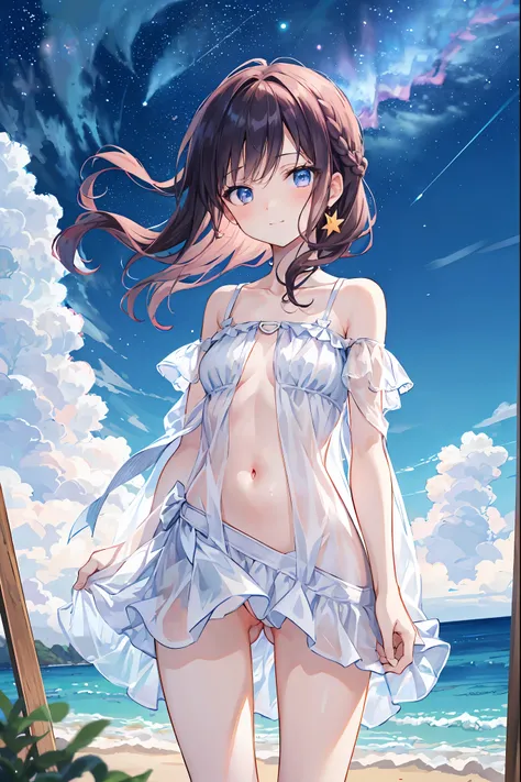 Beautiful painting,  top quality,   cute女の子,  beach,  pastel color ,   Bright Star，Chest,  cute expression ,  cute,  Exposed Shoulders,  see-through white dress,  wet,  Passersby, belly button,  of pussy is embarrassing,  white skin, Active,  standing, Ben...