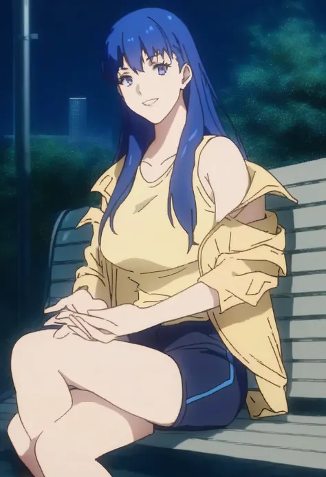 score_9,score_8_up,score_7_up,source_anime,kano makoto, blue eyes, blue hair, mature female, 1girl, solo,large breasts,long hair,jacket, shirt,yellow shirt, open jacket,shorts,looking at viewer,prefect lighting, very aesthetic, intricate details, highly de...