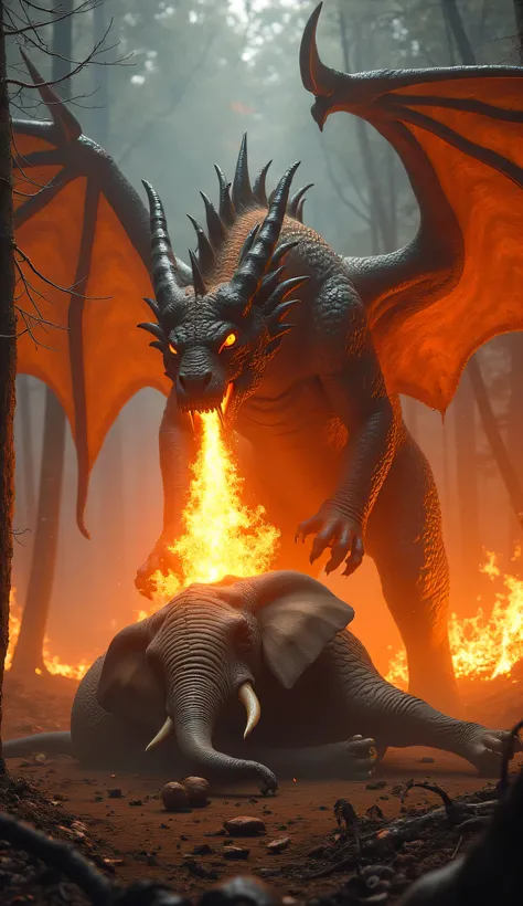 Dragon standing over a dead Elephant while shoting flames from his nose in a burning forest  