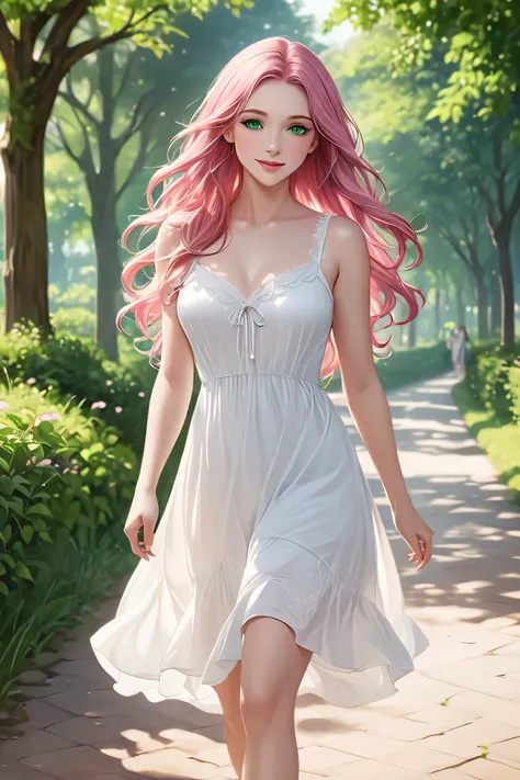 (masterpiece, best quality, 8k, high definition), whole body, 1 woman, long wavy pink hair, mid-chest, green eyes, soft lips, beautiful face, wearing a white sundress, natural light, detailed background, Detailed Illustration Art, an ethereal beauty walkin...