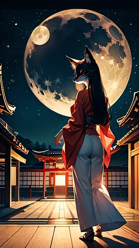 Draw up an illustration of a Japanese scenario, with a temple, big moon, round lamps , with a woman wearing a fox mask , with a katana. 1 , Long hair, red eyes, best quality, rear view , Illustration ,