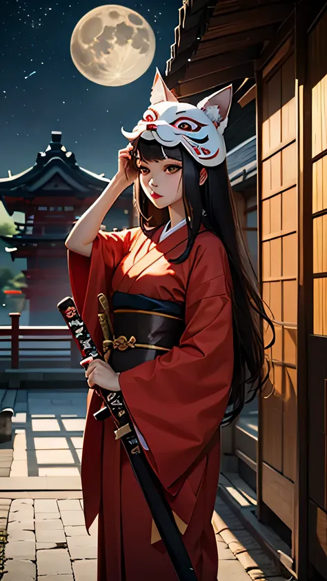 woman, Fox Mask, Japanese temple, katana grande, round luster , big moon, long hair, Red mascara. High details, high quality