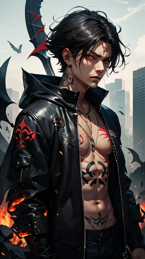 man, Great black sickle, torn clothes, Black mist, scary scenario, High resolution, shaved hair , red eyes, tattoos.