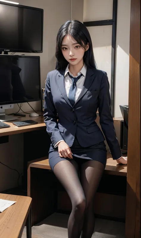  best quality,  like a full body ， delicate face， pretty face，25 year old female， slim figure，， Office lady uniform ， office clothes，Black tights，Exterior ，Sitting posture，Long Blue Hair