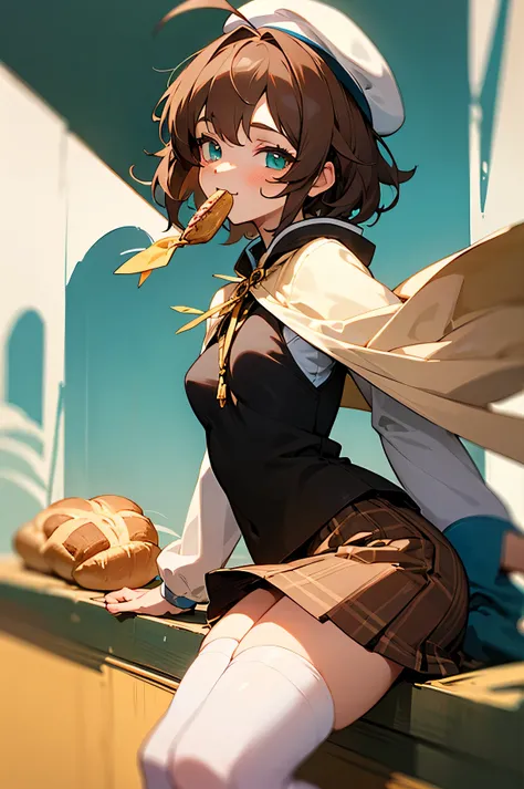 masterpiece, 1girl, sparrow, a brown haired girl, wearing a white medieval priestess clothes, curly short hair, messy hair, slim body, wearing golden capelet with hoody, he close her left eye, shirt ornament, aqua eyes, sho show her back, ahoge, black vest...