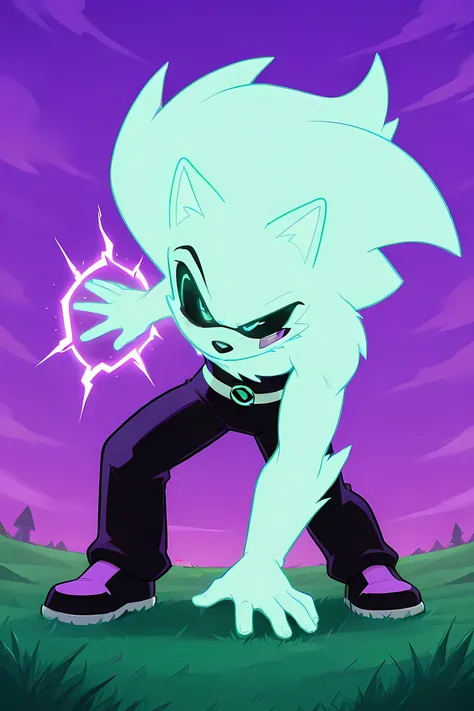 anime male wolf with pale purple glowing fur in a superhero outfit, in a grasslands, purple sky, purple glowing neon energy powers, professionally drawn, danny phantom cartoon/ super sonic style