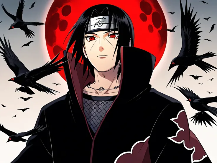anime character with black hair and red eyes, Itachi Uchiha, itachi, Itachi Uchiha, Sasuke Uchiha, He is a very menacing and evil , from Naruto, Madara Uchiha, Akira Akatsuki , sakimi, chan sakimi, His eyes are red and bright , his eyes are bleeding i...