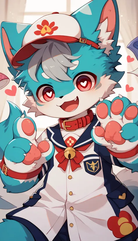  very detailedな, very detailed, blue fur gray hair,,male,骨を見てExcited, heart eyes,participate, red collar, green white and colored hat, cute face, fluffy fur like one,Excited,Horny boy,「paw」「give paw」「shake hands」 's room ,Smiling face,Dropped ears, my ment...