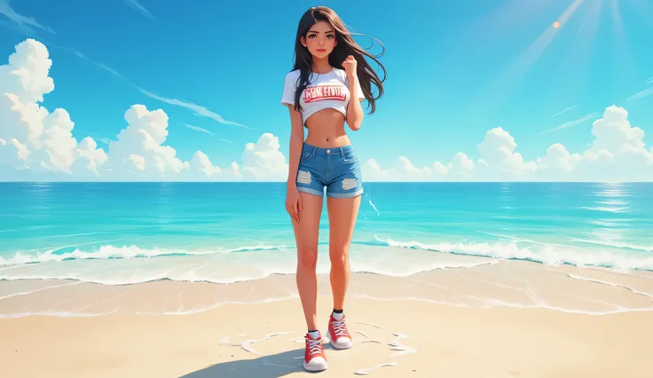 Sexy gamer girl in her twenties standing in the water on the beach. She has a slim and toned body. She is wearing a t-shirt and shorts. She is wearing sports shoes. 