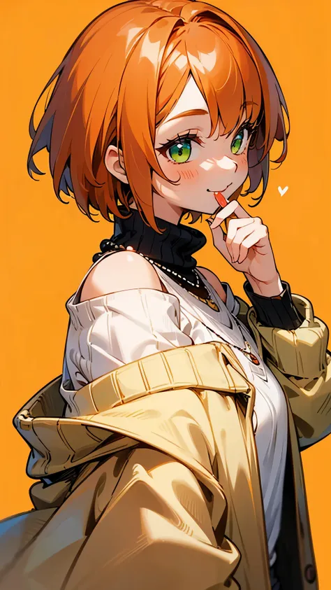  1 girl 、solo、 upper body closeup while eating sweets、smile、 from side、 orange hair、 bob hair、 green eyes 、 off-shoulder shirt、 Long Sleeve、 sweater、 turtleneck、 cardigan with hands、 watch 、 necklace、orange background