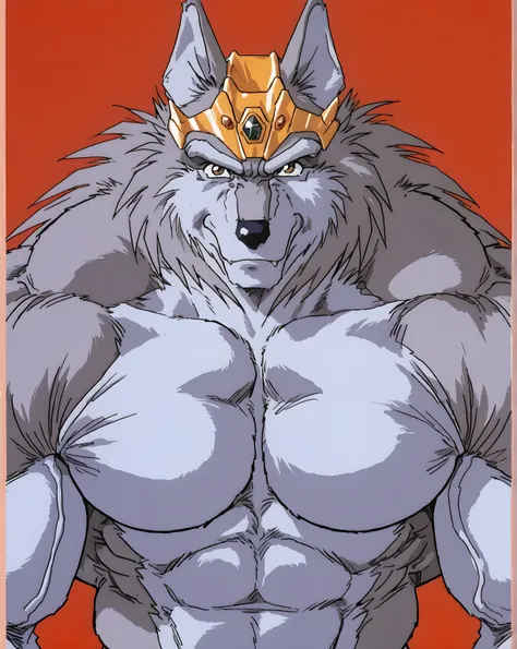 greyfus, furry male, grey fur, wolf, 1boy, animal ears, 1990s \(style\), crown, solo, flat color, very muscular, bulging muscles, simple background, looking at viewer, speedos, bare chest, half body, (bare chest), bulging pecs, bulging shoulders, veiny bic...