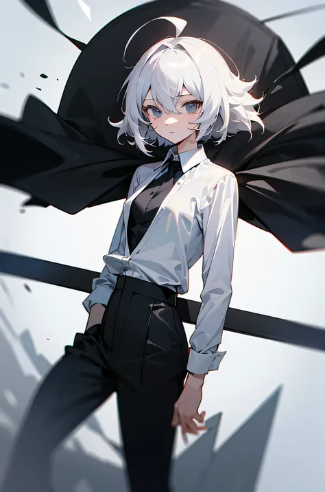 Masterpiece, Best Quality, High Resolution, Myorin 1, Myorin Remblanc, ((Black Suit & Pants)), (White Shirt), Solo, Long, Gray, Gray, Ahoge, Bangs, Hair Between Eyes, Floating Hair, Medium, 