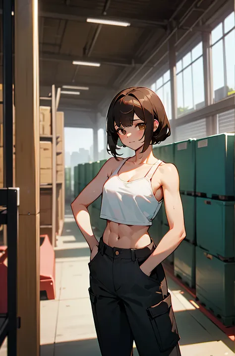 1 girl, master part, 8k, art-station, Ultra alta qualidade, ultra alto detalhe, Ultra high resolution, olhos vermelhos brilhantes, brown hair, (Mechanicalgirl), Mechanic's clothing, correia de ferramentas, engenheiro, Cyberpunk, orelhas de gato, cargo pant...