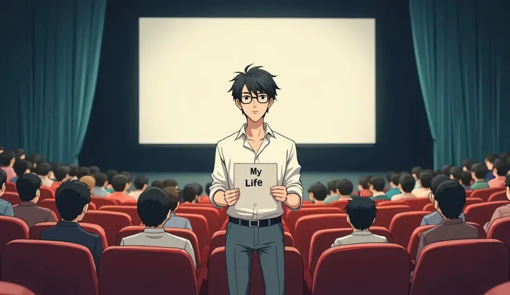 An anime-friendly looking male business character who is wearing glasses, with medium-length hair, wearing a white button-up shirt with rolled-up sleeves and gray slacks. He is standing in a minimalist theater, surrounded by actors on stage performing a ge...