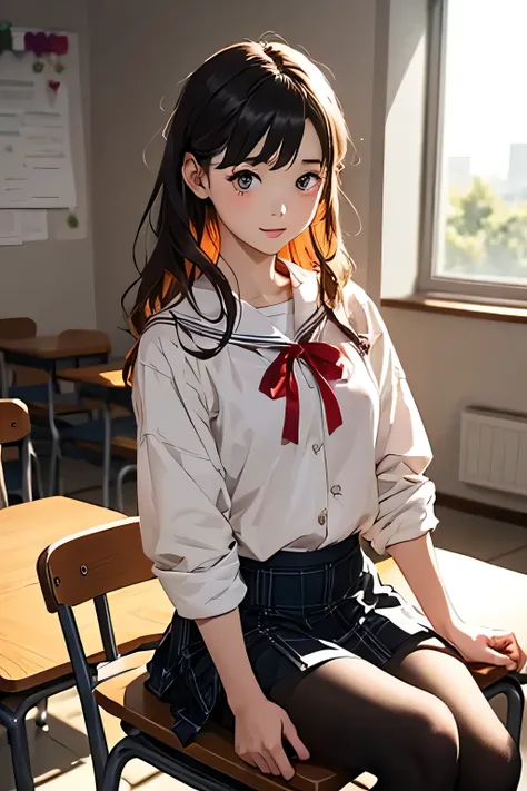 top quality、 high resolution、( HD:1.2)、 Masterpiece、 detailed background on a futon、Teenage beauty、 big size、Bright-colored hair、 Valentine's Day 、 in a quiet classroom after school 、 the sunset gently shines outside the window 、 pale orange light spreads...