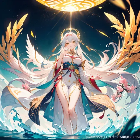 (((Text: Full-body view of a radiant and benevolent goddess of luck, standing gracefully on a serene water surface. She is depicted with a warm and welcoming smile, her presence exuding blessings and fortune. She wears flowing robes adorned with gold and g...