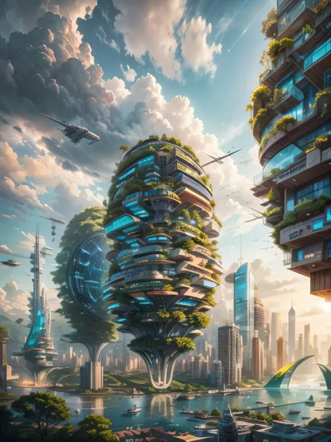 (best quality,4k,8k,highres,masterpiece:1.2),ultra-detailed,(realistic,photorealistic,photo-realistic:1.37),futuristic floating city,futuristic technology,city on a gigantic high-tech flat platform,airship,floating in the sky,futuristic city,small airship ...