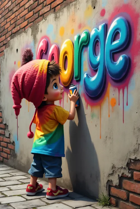 A hyperrealistic cartoon playful boy with an aerosol can, wearing a cuty and colorful wool cap, tie dye t-shirt, puts a large inscription "George Art" rainbow colors, gothic style, on the wall in the form of an urban graphic text, a drawing on an exposed b...