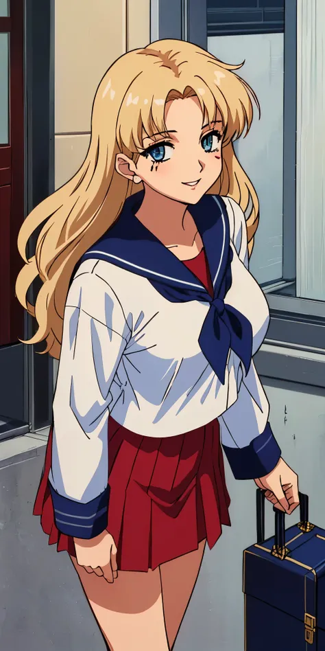 Young woman drawn in 80’s anime art style. 
Retro anime. Vintage Anime. Classical Anime. 

She has long and wavy blonde hair, blue eyes, full lips, and a beauty mark located under the right side of her mouth. She is well known for her curvaceous figure of ...