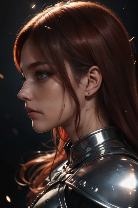 Close-up portrait on a side face (in profile) of a beautiful celta knight girl with realistic skin, dark eyes, looking down; shiny redhair, bright lights and flying shrapnel around her, chaotic background scenery, cinematic bright, cinematic scene, freckle...