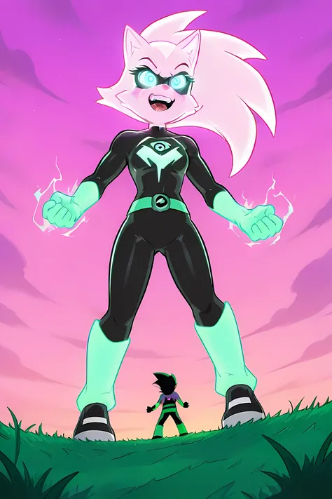 anime male wolf with pale pink glowing fur in a superhero outfit, in a grasslands, pink sky, pink glowing neon energy powers, professionally drawn, danny phantom cartoon/ super sonic style