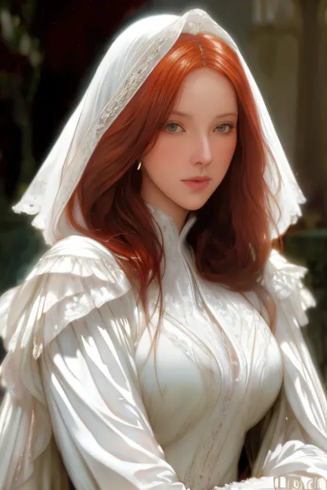 Beautiful redhead (knight:1.2), wearing a white lace hooded cloak, fantasy art, concept art, delicate features, feminine, Chiaroscuro , (style of howard chandler christy:1.0), 8k, highest quality, ( masterpiece by jean-joseph benjamin-constant:1.3)
