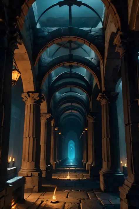 A torch-lit corridor stretches into the distance, the worn stone walls of the Minotaur's labyrinth illuminated by flickering flames. In the shadows, intricately carved Greek columns rise like sentinels, while above, a vaulted ceiling disappears into darkne...