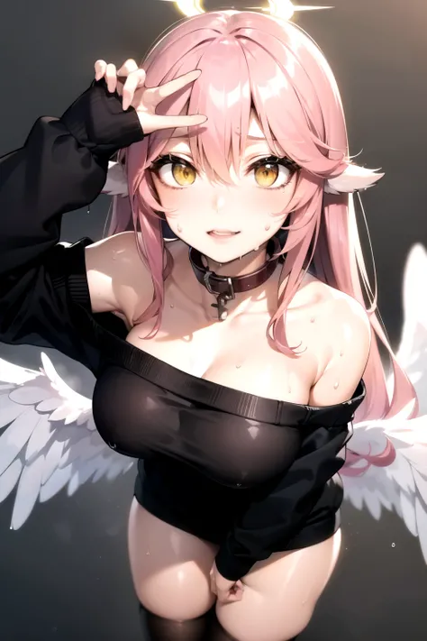 jibril, BREAK jibril, angel, angel wings, collar, animal ears, bird ears, compass rose halo, feathered wings, feathers, gradient hair, halo, long hair, low wings, multicolored hair, pink hair, symbol-shaped pupils, big breast, white wings, wing ears, wings...