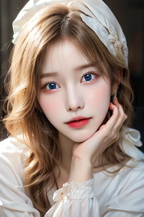 Blonde girl looking like a doll,Blonde girl, angel face,pale skin, Wrist face,  blue eyes, Chica Ulzzang,  blond hair , Face of an angel ,  realistic image, Realistic Art