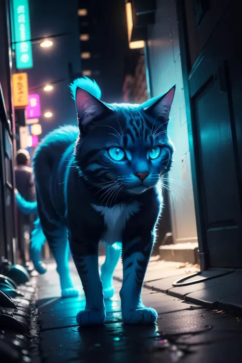 Neon cat 、 It is a special cat with a bright blue coat that , dit-on,  shines brightly at night ..  It prowls in the dark corners and alleys of the city,  helping those in need . Sa présence a donné espoir et courage à beaucoup.