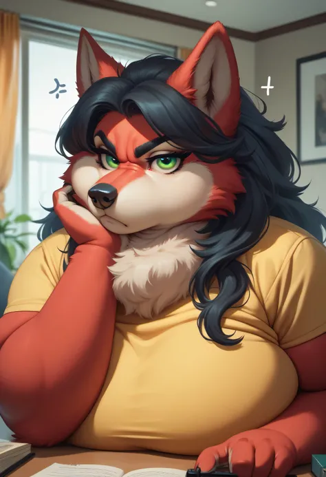 overweight wolf, (((wolf))), canid, furry, (morbidly obese, fat, excess fat), ((red fur)), (big eyes, green eyes), female, long snout, black nose, (((focus on face))), (black eyebrows), ((thick fur)), ((looking at the viewer, annoyed)), ((fat neck)), yello...