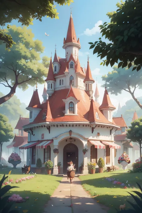 a sweet country, licorice trees, candy floss leaves, chocolate dogs, candy flowers, land of sweets, cream puff birds, marzipan kittens, ultra-detailed, 8k, hyperrealistic, vivid colors, soft lighting, whimsical, fantastical, dreamlike, magical realism
