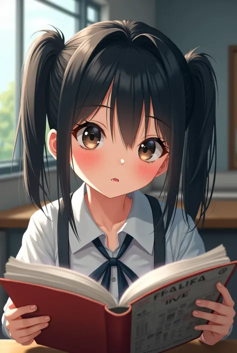 anime, girl, black hair, loli, school, read manga, portrait