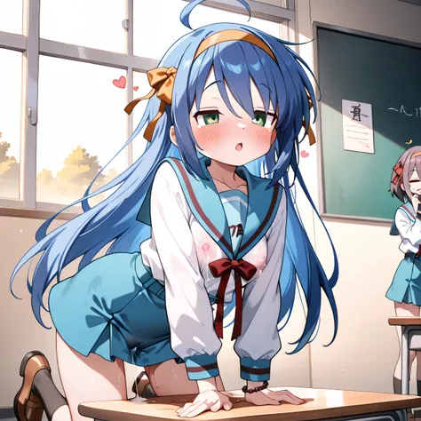 Small、 short、Konata Izumi、 Lantern,  Masterpiece,  top quality,  high resolution,, 1 girl, Alone,  long hair,  Hair Band ,   BLUE SKIRT ,  red ribbon,  cosplay,  blue sailor color,  bracelet ,  Kita High School uniform,  Black Sox,  brown loafers, Indoors,...