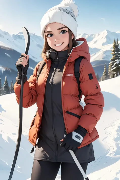  beautiful girl, on a ski slope getting ready to go down a snowy slope, very happy, happy moments. winter clothes as a skier, beautiful winter landscape