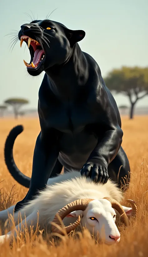 Imagine a black panther (animal) killed white ram animal and standing on white ram animal lifeless body and fully roaring. 8k quality, realistic visuals, in its natural habitat, savana background