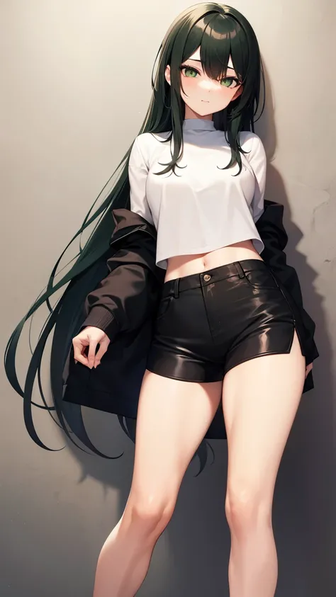 1 woman,  long straight hair, Blooming green eyes, Wear black cropped shorts and short black shorts with white details