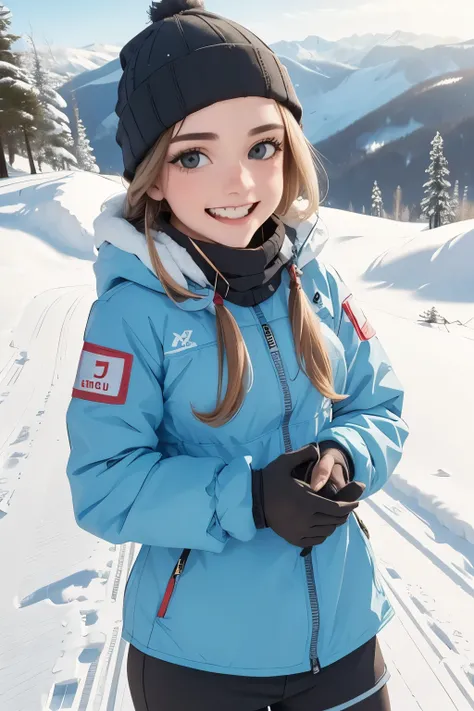  beautiful girl, on a ski slope getting ready to go down a snowy slope, very happy, happy moments. winter clothes as a skier, beautiful winter landscape