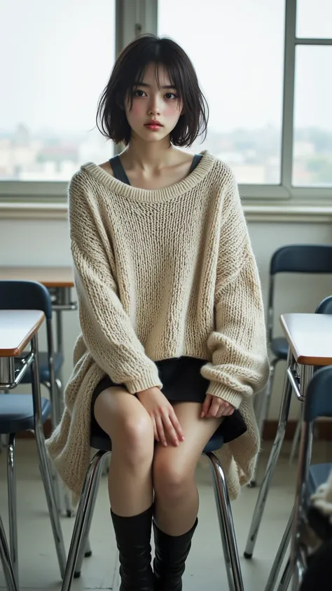 8k, masterpiece, highest quality, Korea's Beautiful Women, Short dark hair, serious expression, young woman. Oversized beige knit sweater, dark skirt, dark boots. Seated, legs slightly apart. Classroom setting, metal desks, chairs, bright windows, overcast...