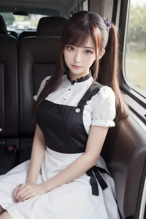  Masterpiece,(  top quality ,   illustration ,  detailed face :1.3),(  in the seat, alone:1.3),  beautiful detailed eyes,    apron,   gradation where you lie down_background,   gradation where you lie down, Maid,    Purple Eyes,red hair,  small breasts,, b...