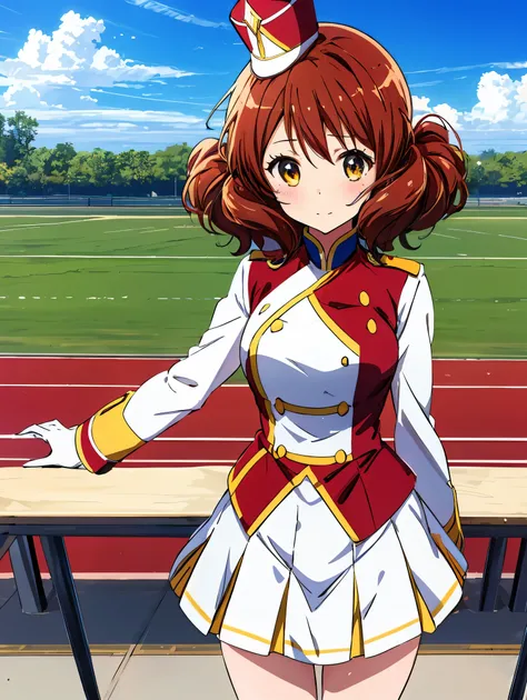 1 Girl,Cowboy Shot,Skirt flip,White lace panties,High quality anime、High resolution, Kumiko、Tabletop,band uniform,sunfes marching band uniform,[3D Images:1.5],[[Attractive eyes,Detailed eyes、Shining Eyes, Colorful eyes:1.15],whole、Looking at the audience,8...