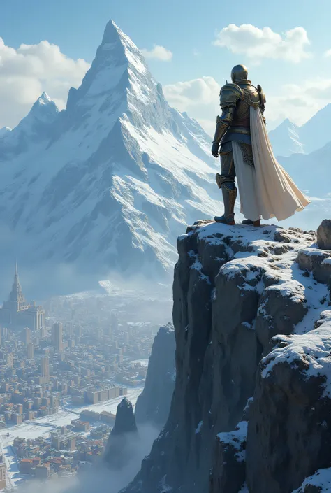 Man on top of a mountain wearing a suit of armor seeing the city below