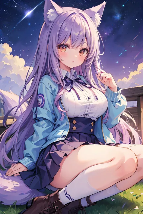 (( top quality)), ((Masterpiece)), (( Details)),  1 girl,  lavender-colored hair ,  brown eyes, Wolf ears and tail,  long hair,  starry sky , Windbreaker,  skirt,  long boots,  knee-high socks, Big Breasts,